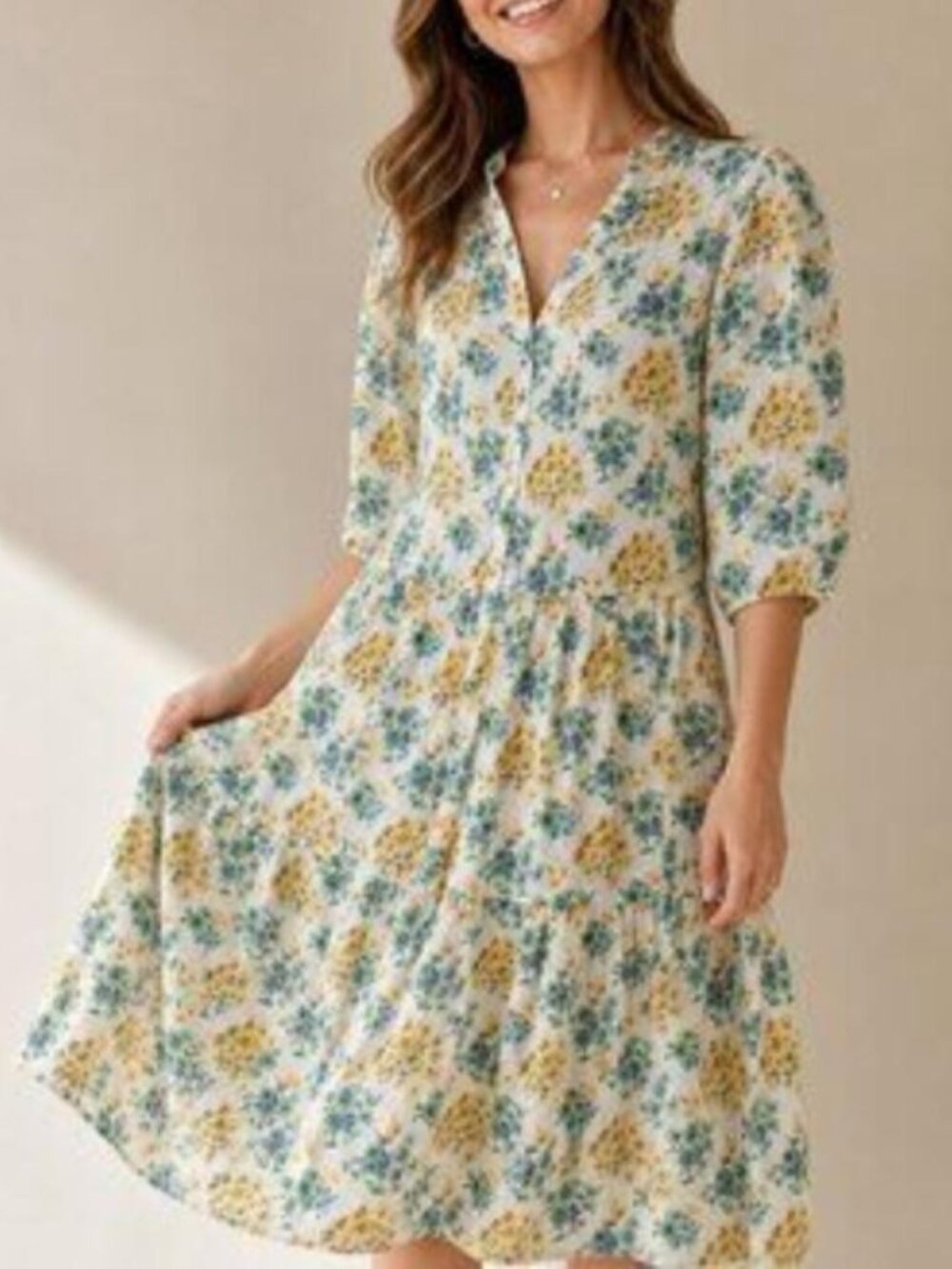Uniqlo x Paul & Joe Floral Print Tiered Dress white yellow blue cotton Medium